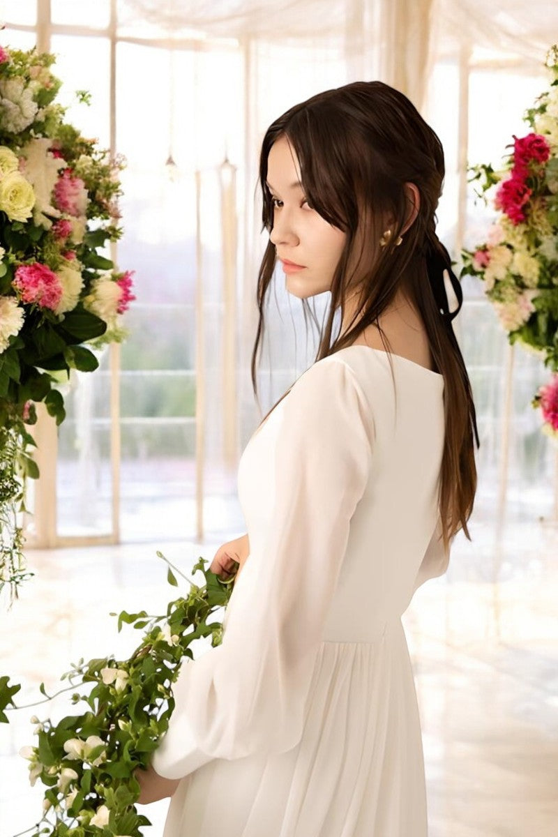 Flowing Chiffon Gown with Delicate V-Neck and Billowy Sleeves