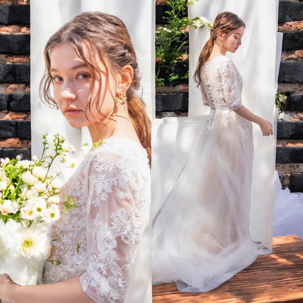 Vintage Floral Lace A-Line Wedding Gown with Sheer Sleeves