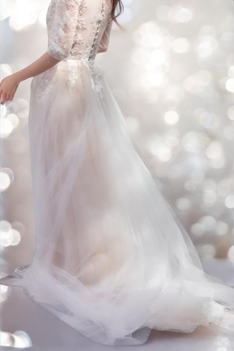 Vintage Floral Lace A-Line Wedding Gown with Sheer Sleeves