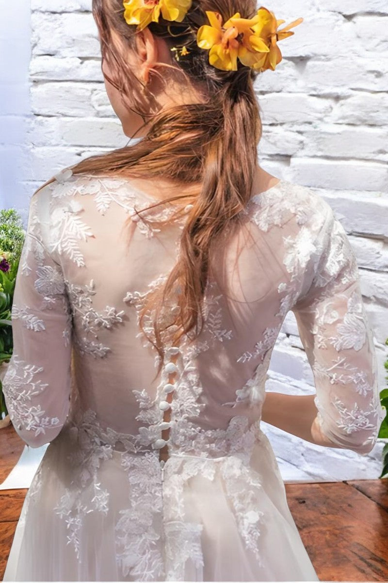 Vintage Floral Lace A-Line Wedding Gown with Sheer Sleeves
