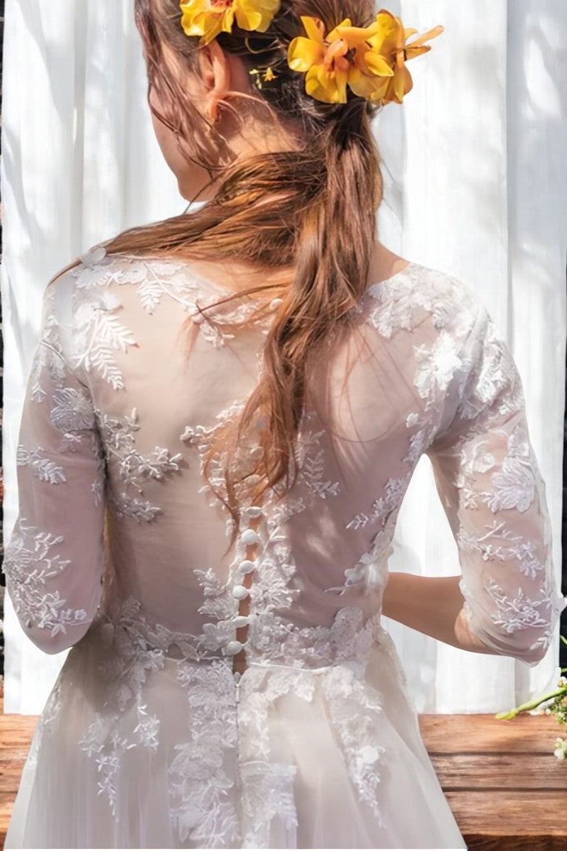Vintage Floral Lace A-Line Wedding Gown with Sheer Sleeves