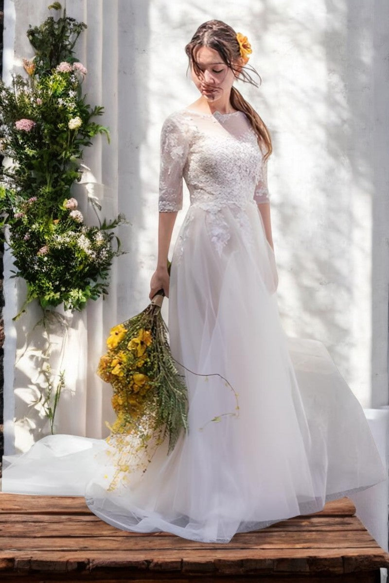 Vintage Floral Lace A-Line Wedding Gown with Sheer Sleeves