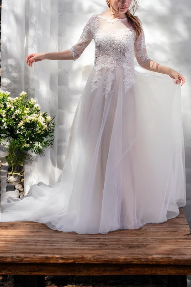 Vintage Floral Lace A-Line Wedding Gown with Sheer Sleeves