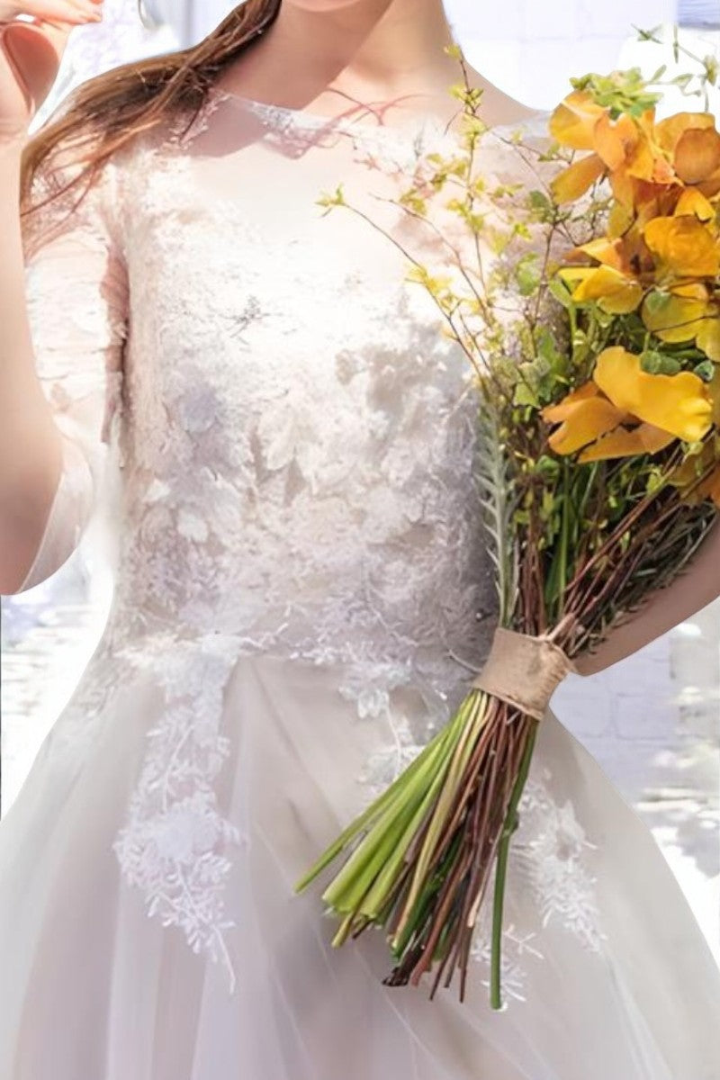 Vintage Floral Lace A-Line Wedding Gown with Sheer Sleeves