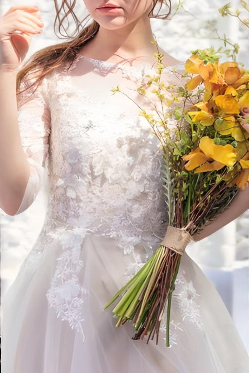 Vintage Floral Lace A-Line Wedding Gown with Sheer Sleeves