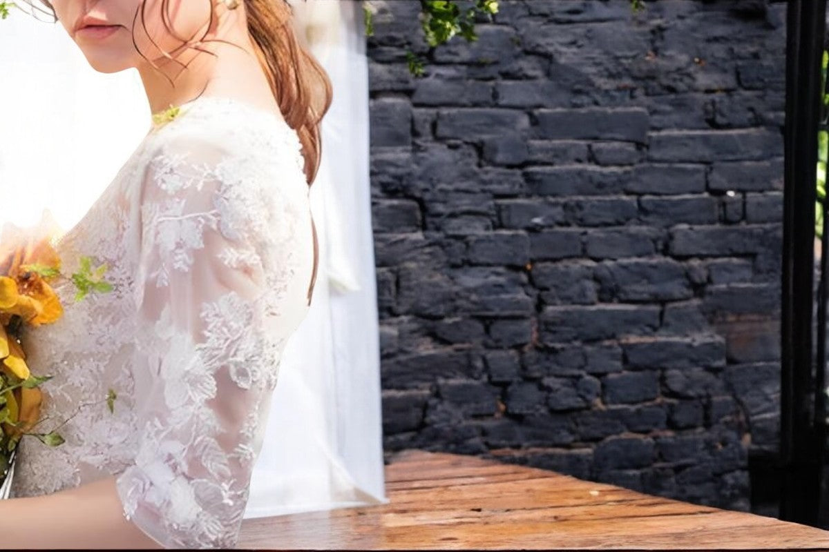 Vintage Floral Lace A-Line Wedding Gown with Sheer Sleeves