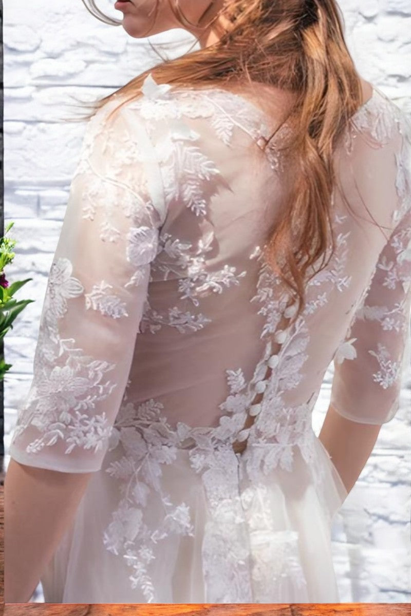 Vintage Floral Lace A-Line Wedding Gown with Sheer Sleeves