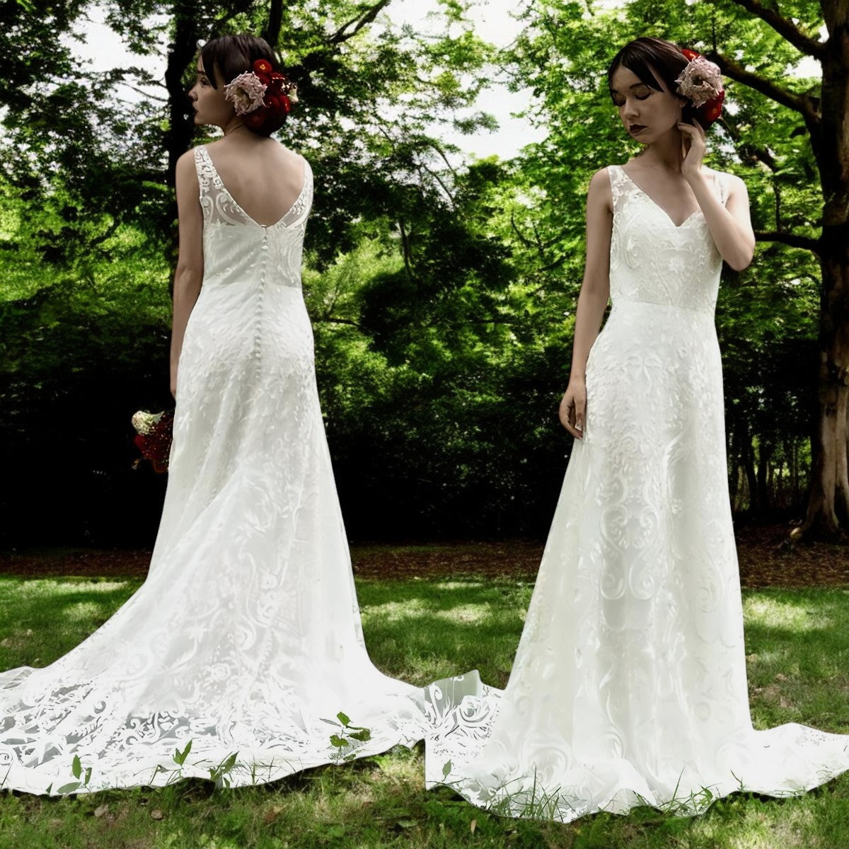V-Neck Lace Wedding Gown