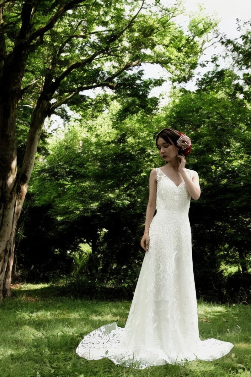 V-Neck Lace Wedding Gown