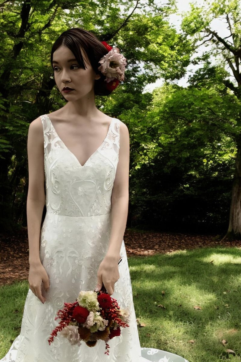 V-Neck Lace Wedding Gown