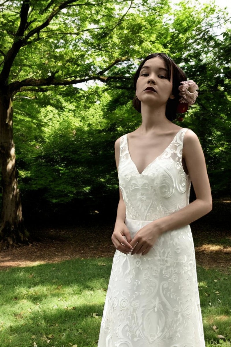V-Neck Lace Wedding Gown
