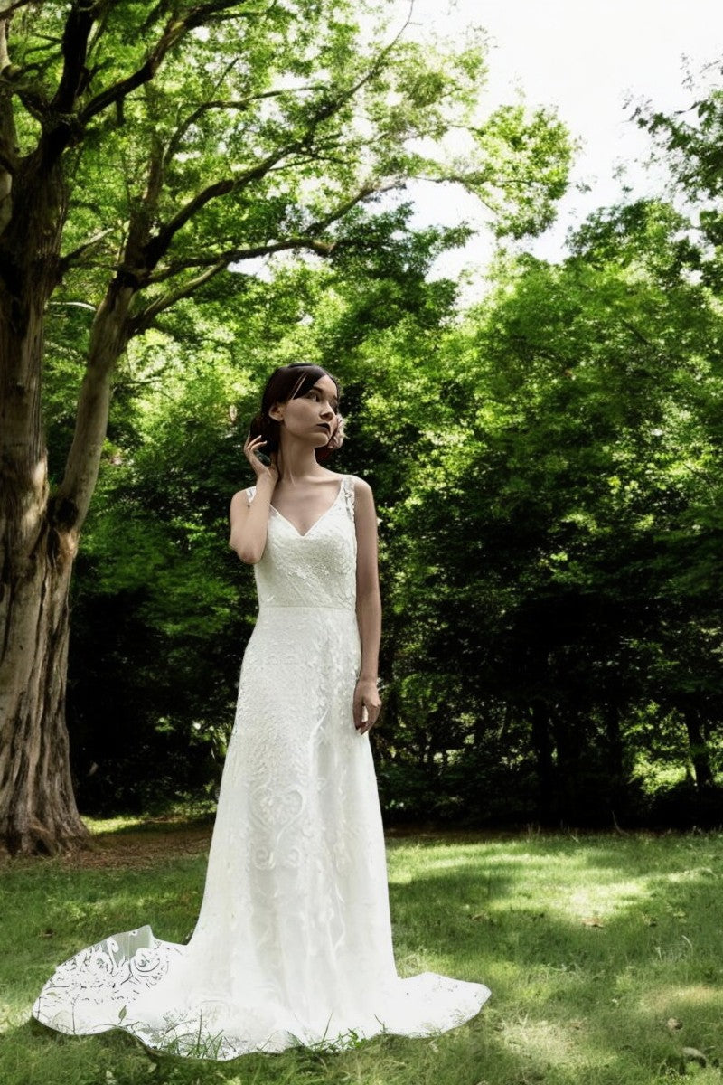 V-Neck Lace Wedding Gown