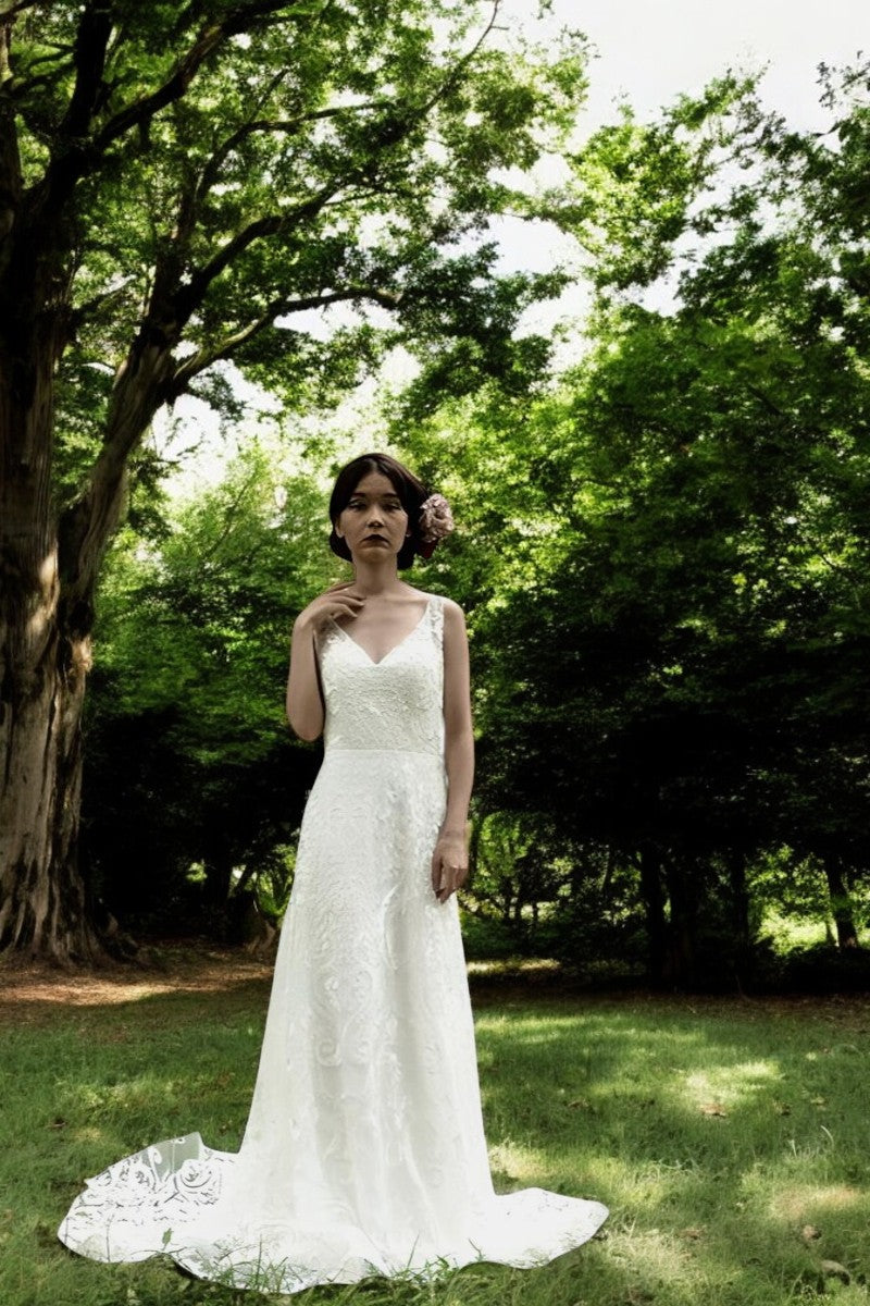 V-Neck Lace Wedding Gown