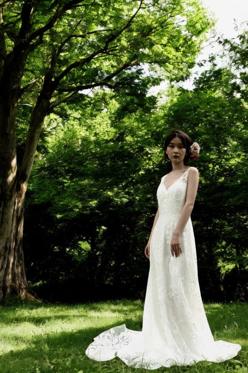 V-Neck Lace Wedding Gown