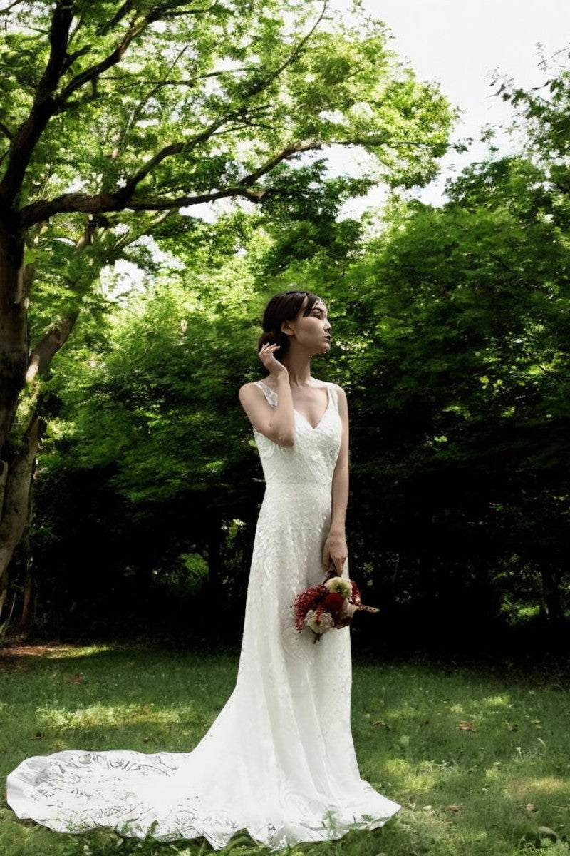 V-Neck Lace Wedding Gown