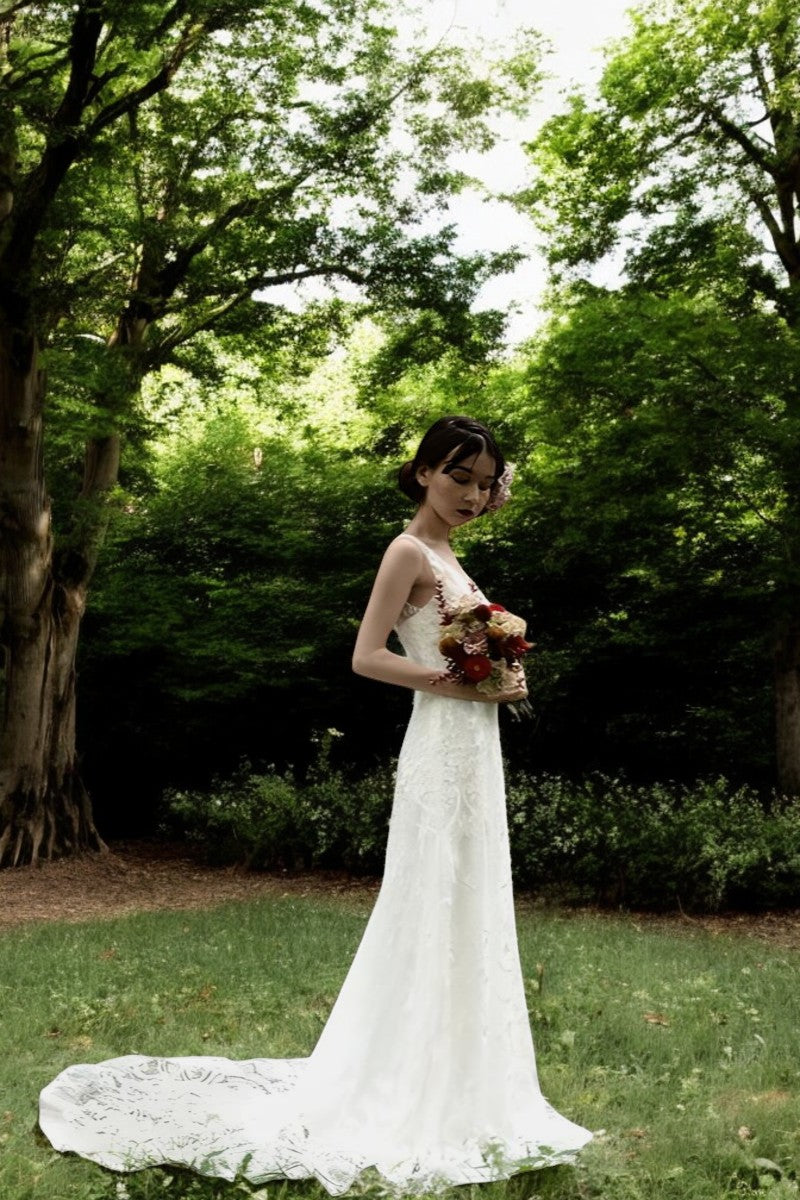 V-Neck Lace Wedding Gown