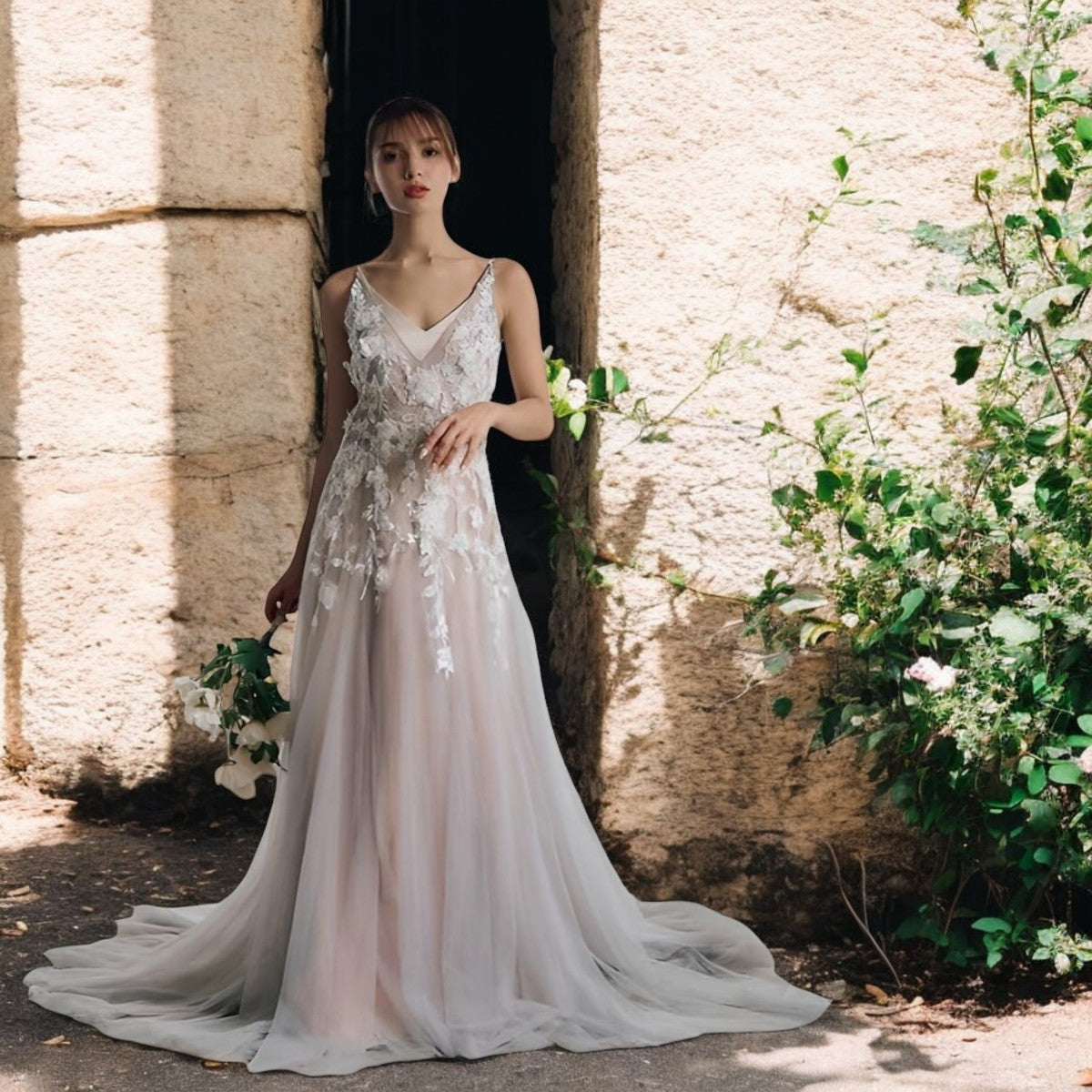 Floral Cascade Sheer Wedding Gown