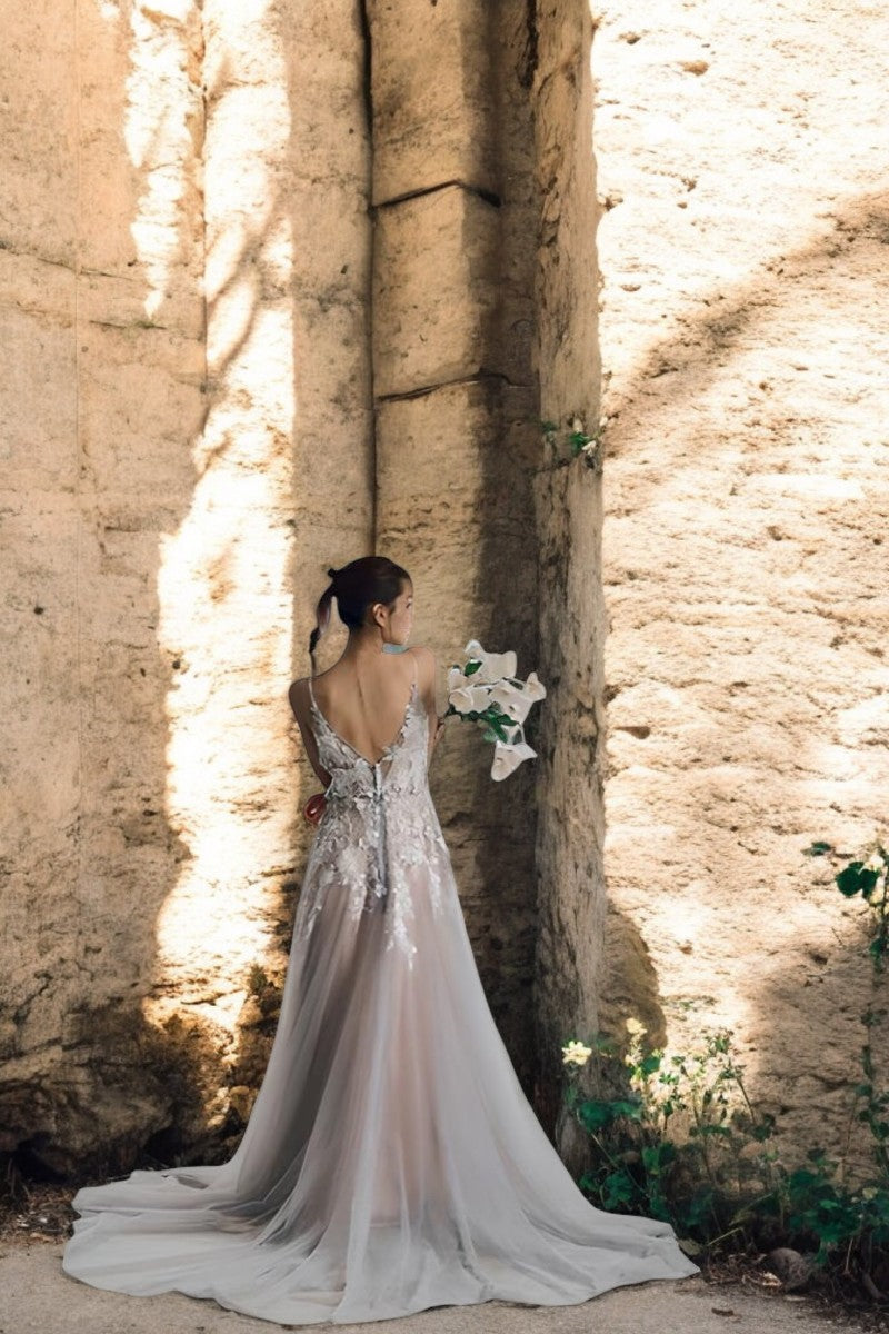 Floral Cascade Sheer Wedding Gown