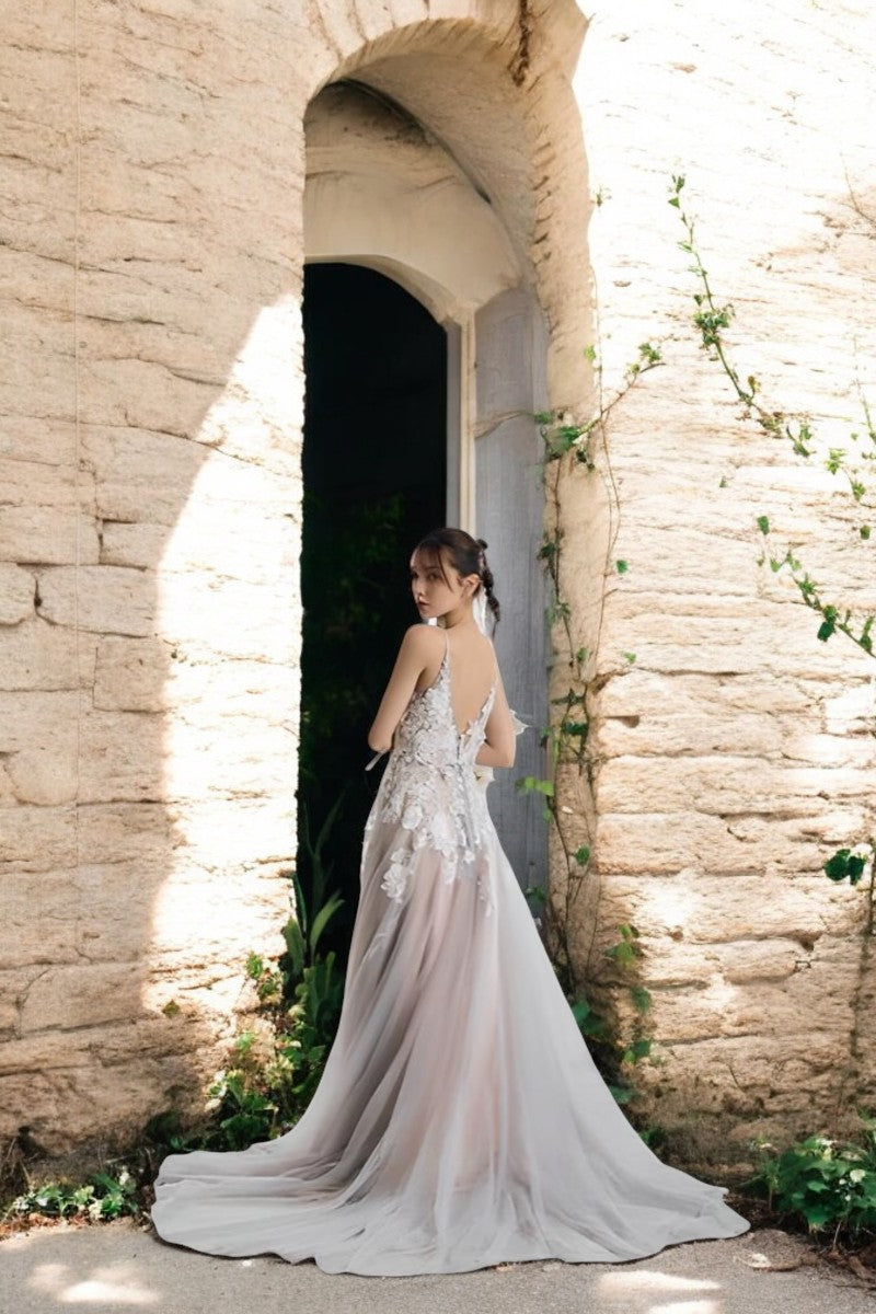 Floral Cascade Sheer Wedding Gown