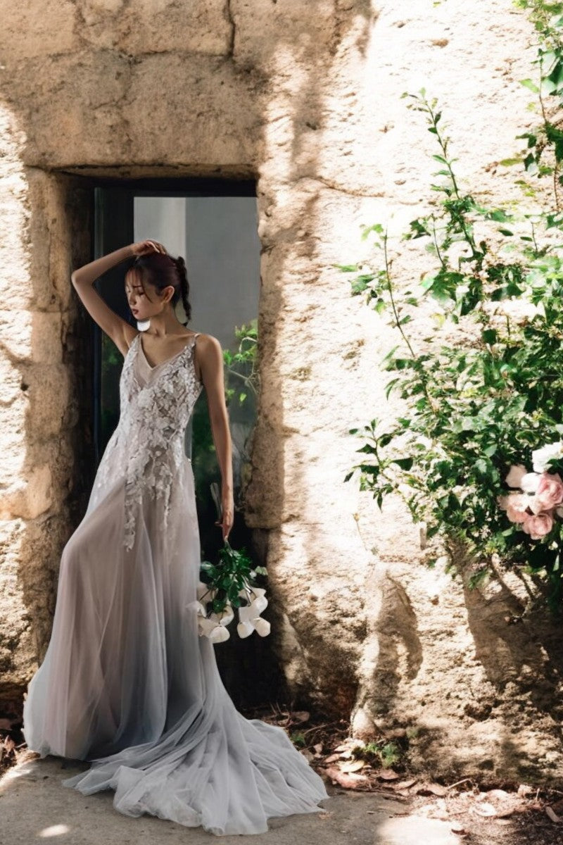 Floral Cascade Sheer Wedding Gown