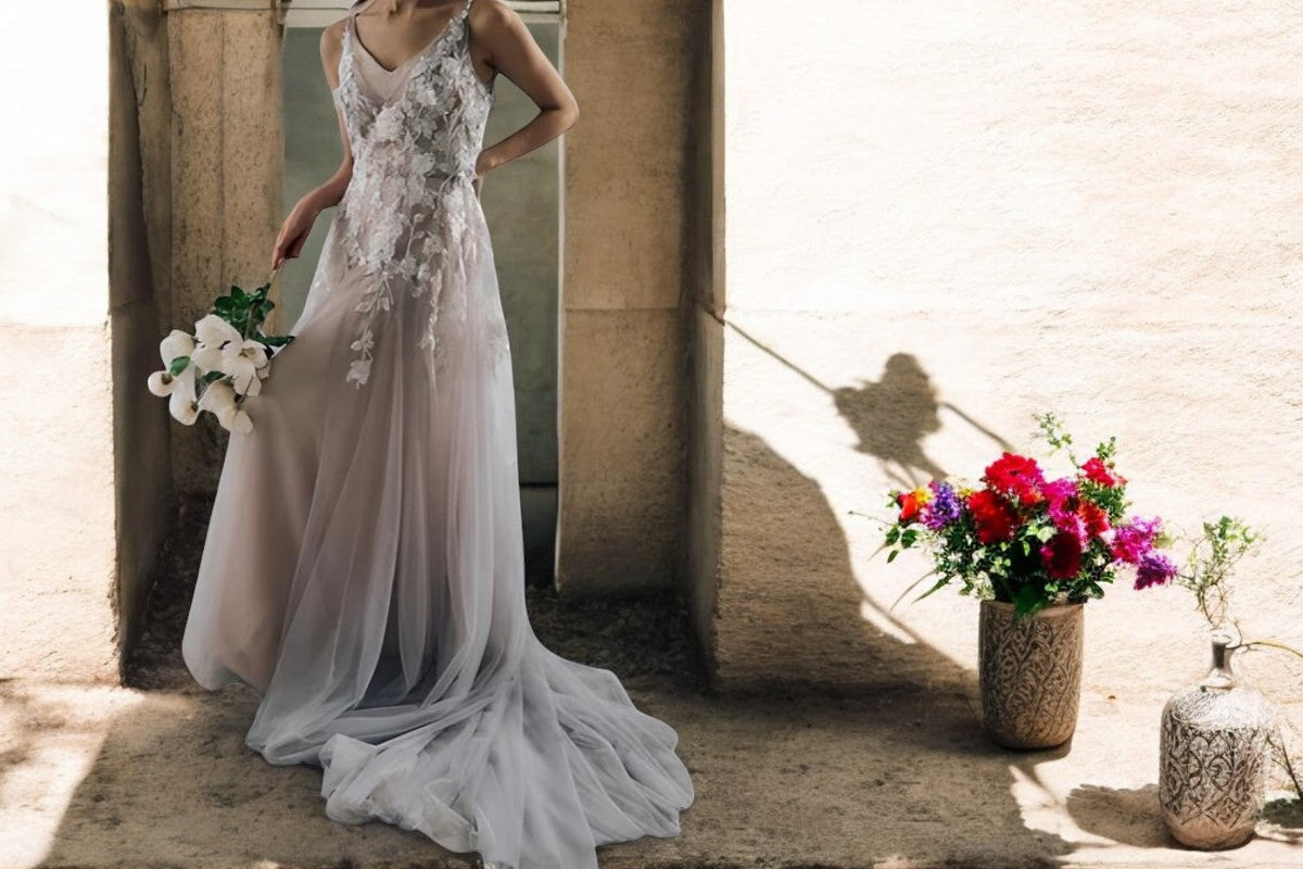 Floral Cascade Sheer Wedding Gown