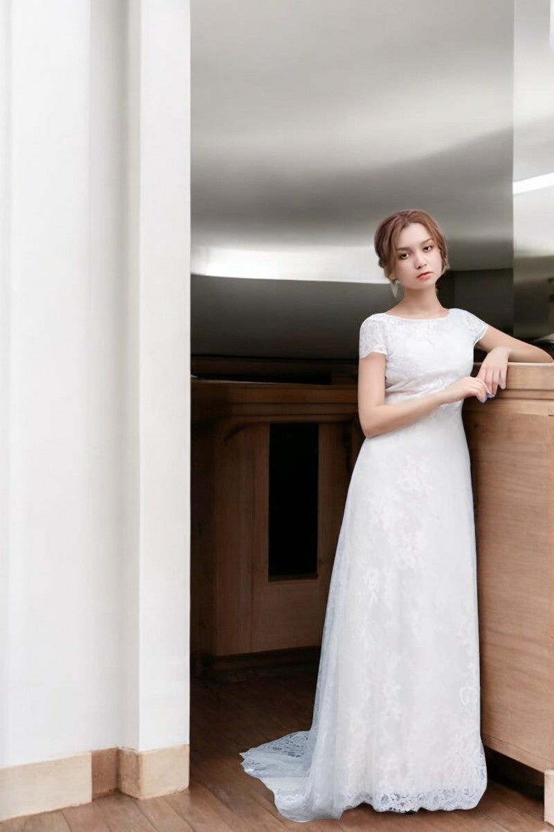 Delicate Lace A-Line Wedding Gown with Cap Sleeves