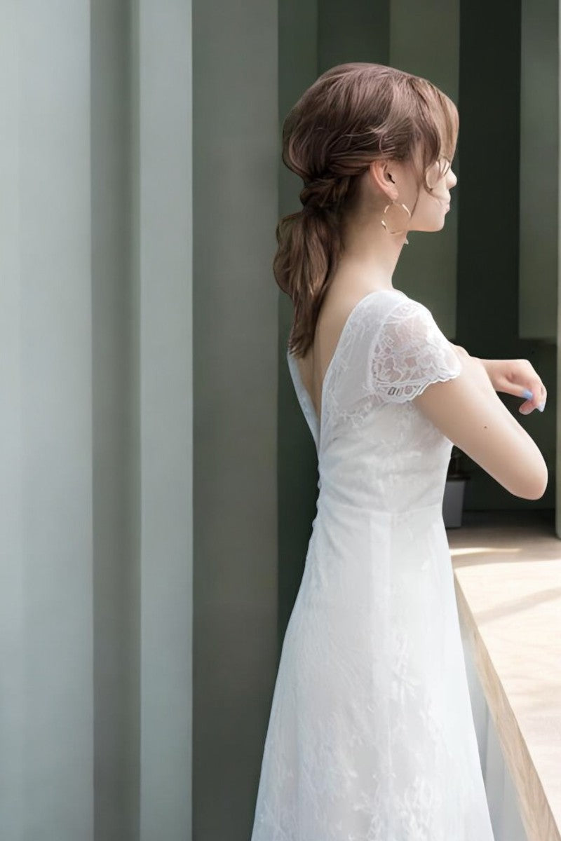 Delicate Lace A-Line Wedding Gown with Cap Sleeves
