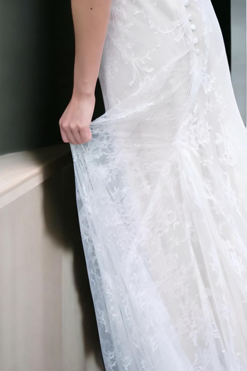 Delicate Lace A-Line Wedding Gown with Cap Sleeves