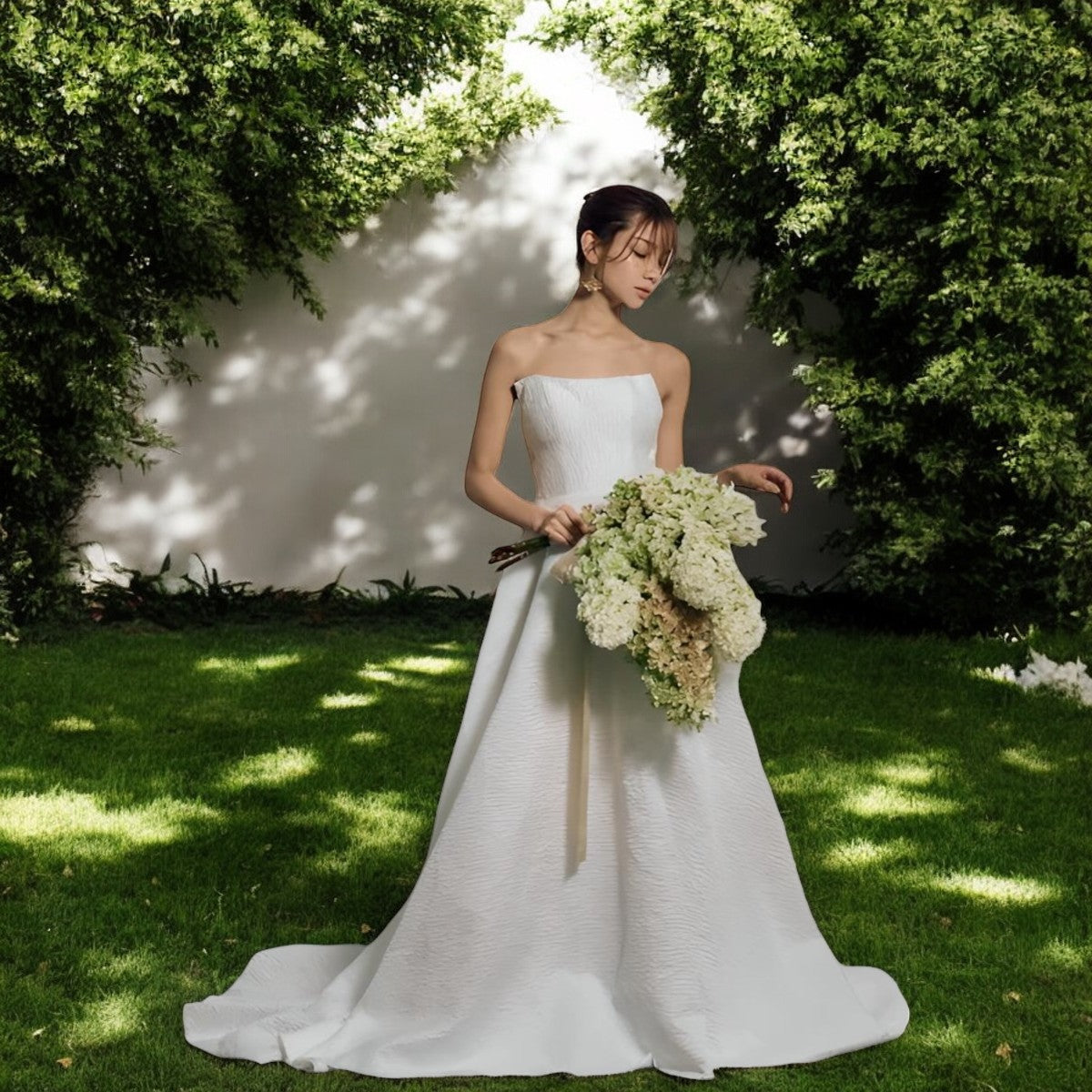 Strapless Jacquard A-Line Wedding Gown with Flowing Full Skirt