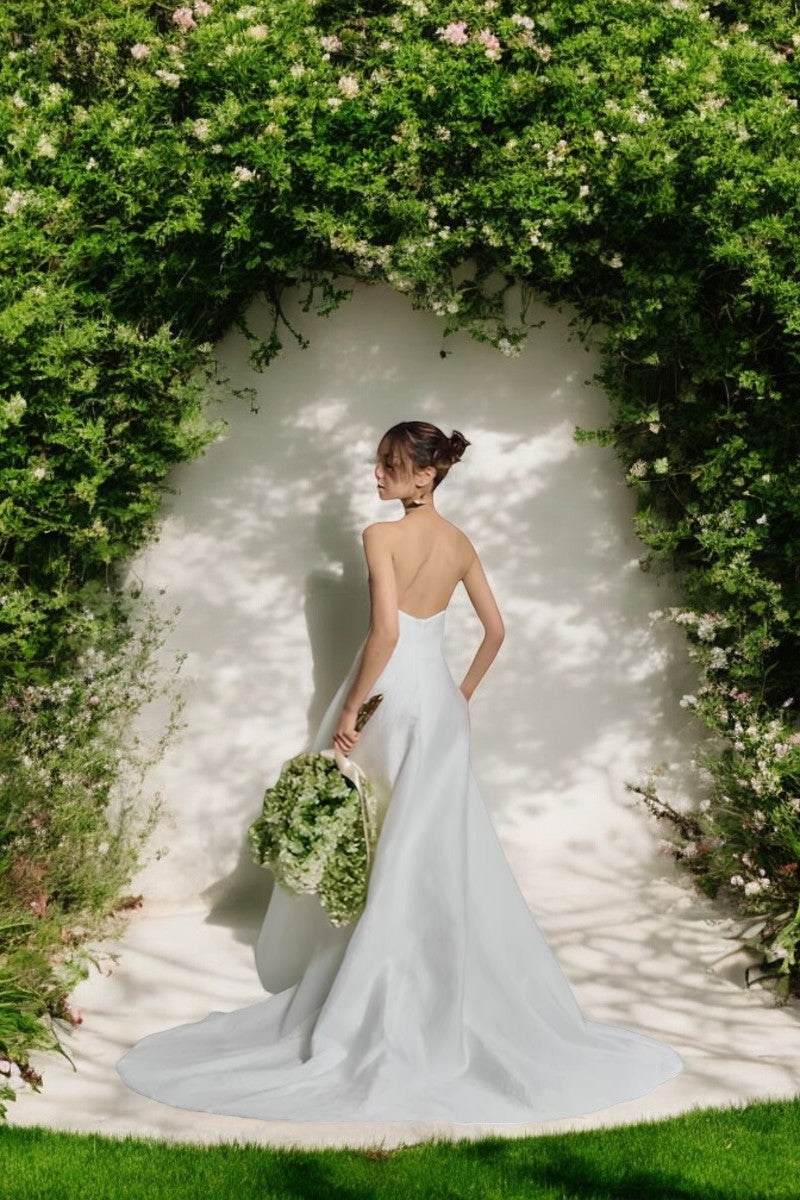 Strapless Jacquard A-Line Wedding Gown with Flowing Full Skirt
