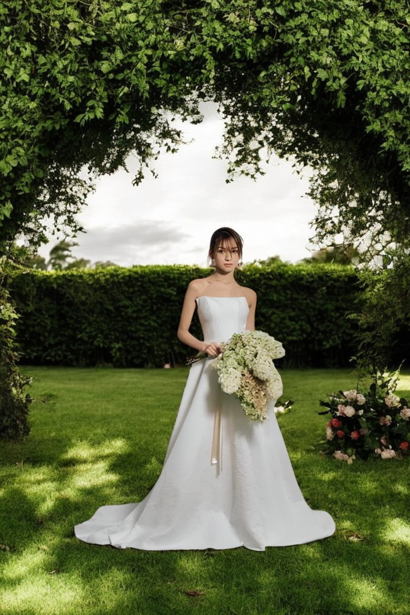 Strapless Jacquard A-Line Wedding Gown with Flowing Full Skirt
