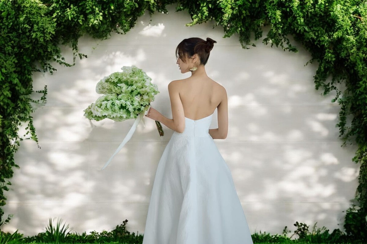 Strapless Jacquard A-Line Wedding Gown with Flowing Full Skirt