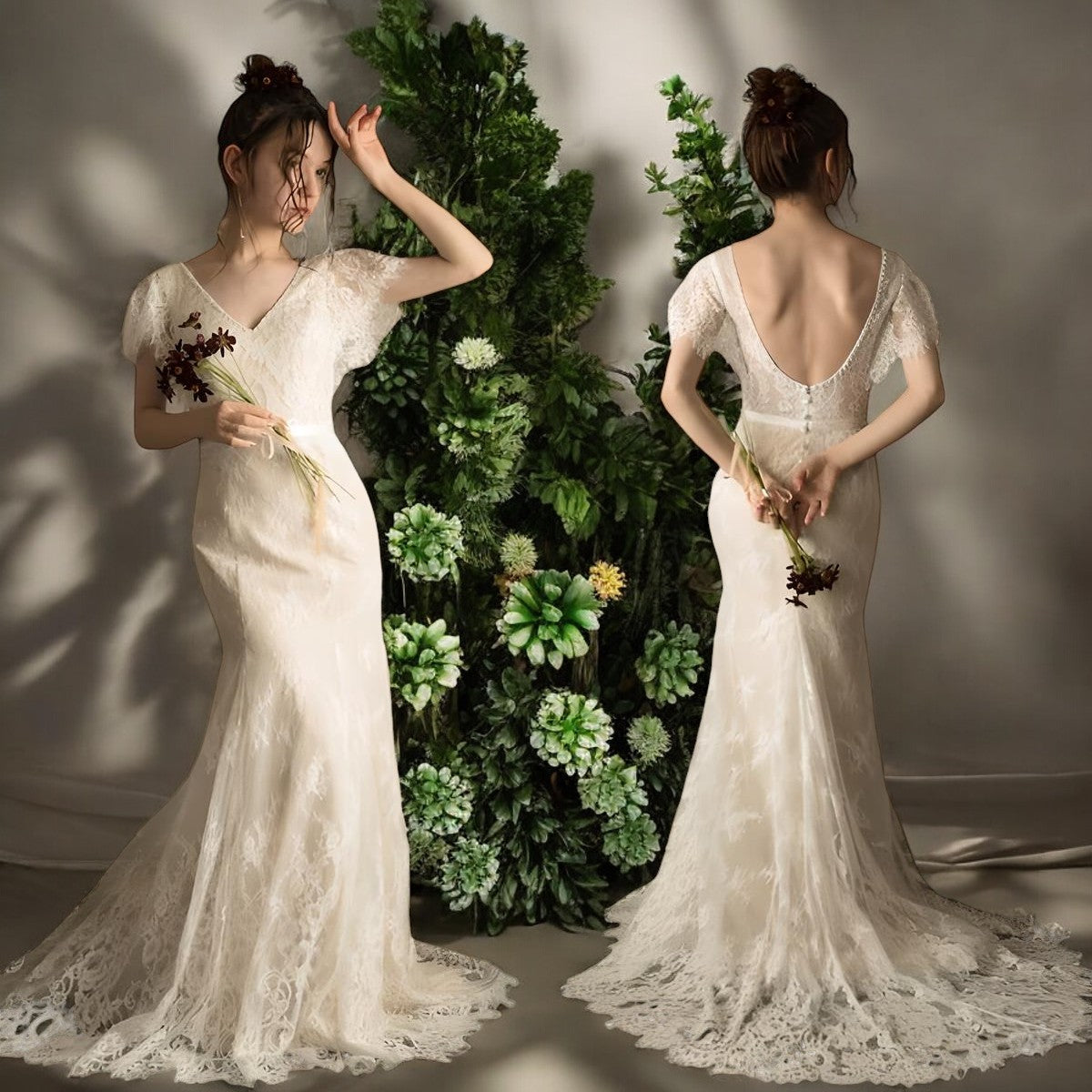 Elegant Lace Sheath Wedding Gown with Cap Sleeves