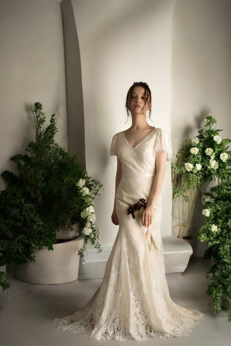 Elegant Lace Sheath Wedding Gown with Cap Sleeves