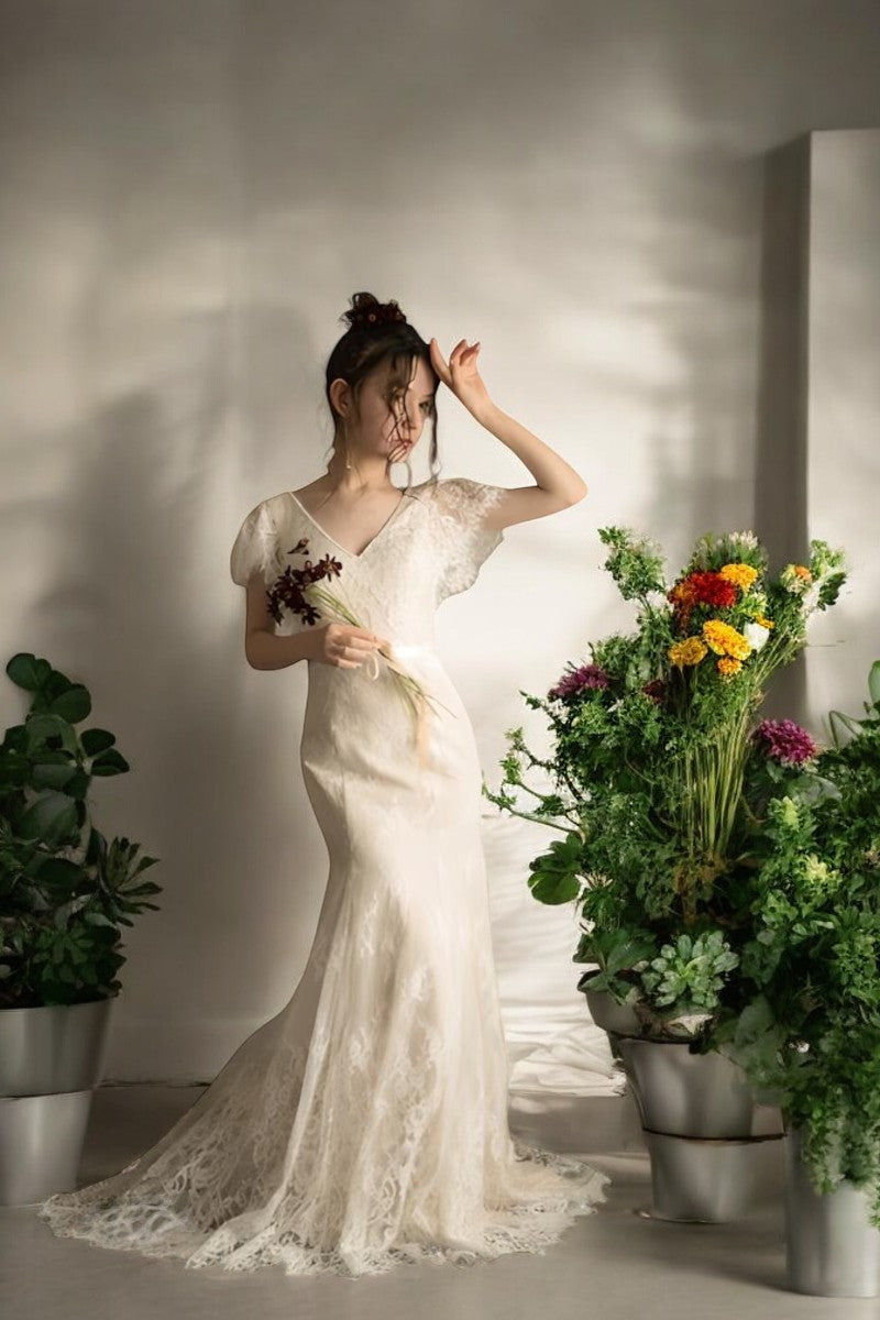 Elegant Lace Sheath Wedding Gown with Cap Sleeves