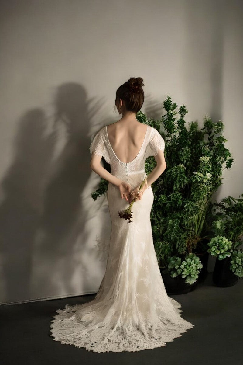 Elegant Lace Sheath Wedding Gown with Cap Sleeves