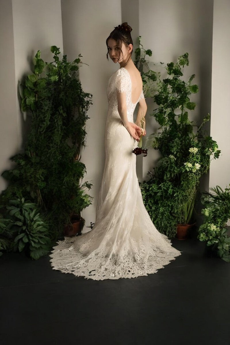 Elegant Lace Sheath Wedding Gown with Cap Sleeves