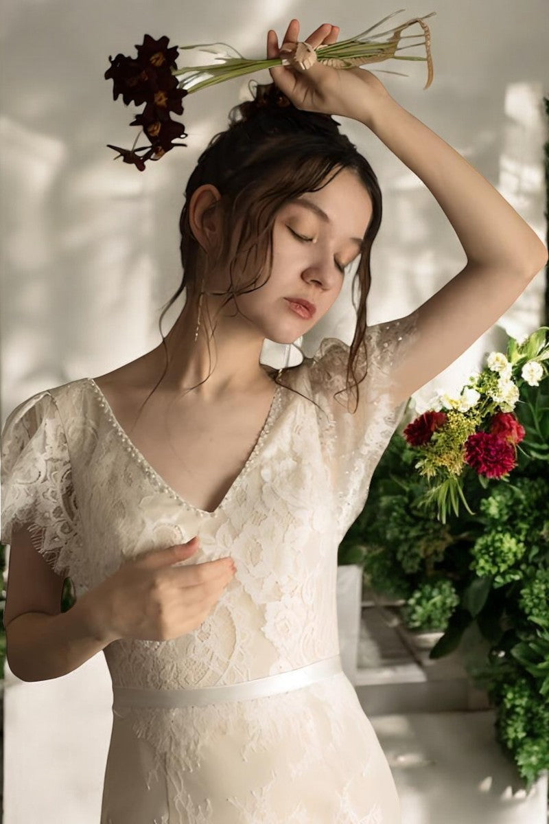 Elegant Lace Sheath Wedding Gown with Cap Sleeves