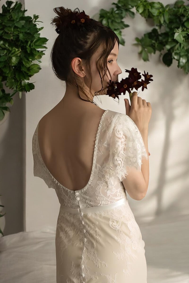 Elegant Lace Sheath Wedding Gown with Cap Sleeves