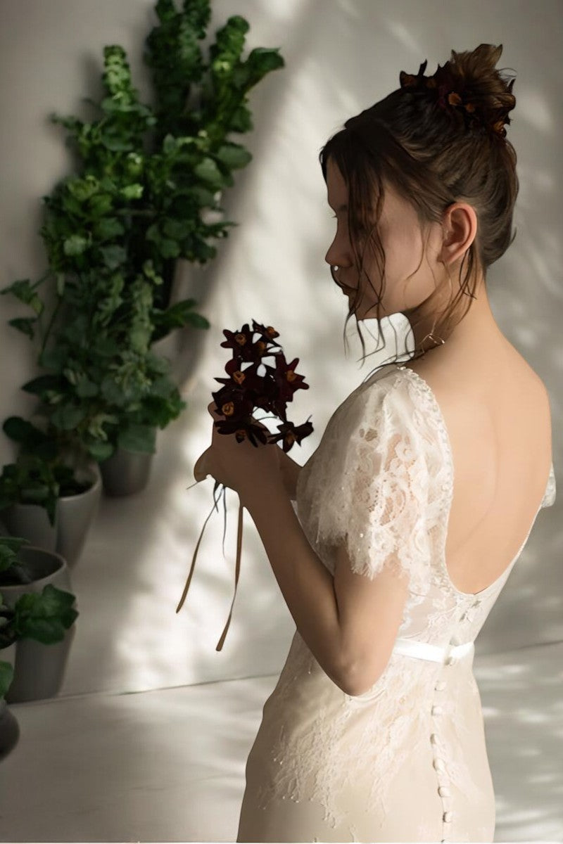 Elegant Lace Sheath Wedding Gown with Cap Sleeves