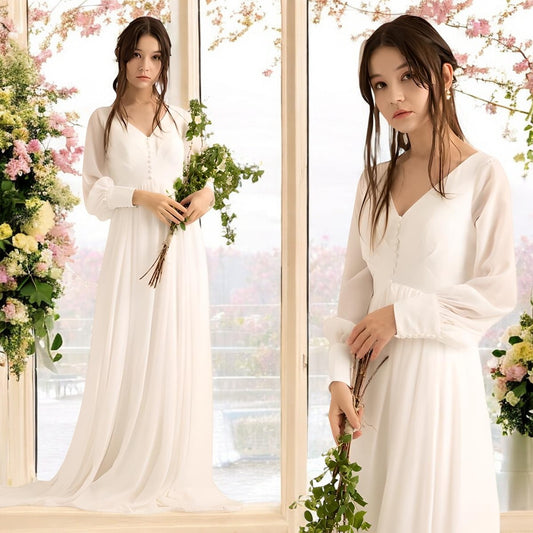 Flowing Chiffon Gown with Delicate V-Neck and Billowy Sleeves