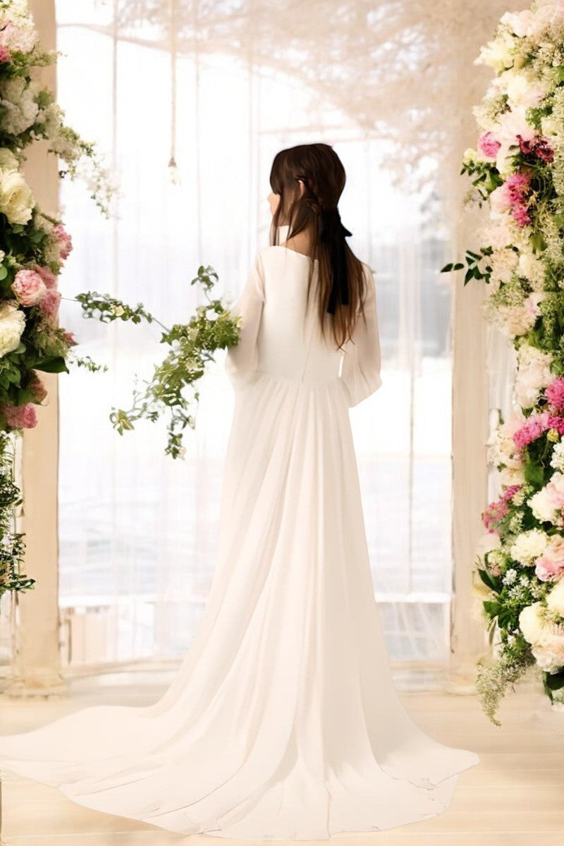 Flowing Chiffon Gown with Delicate V-Neck and Billowy Sleeves