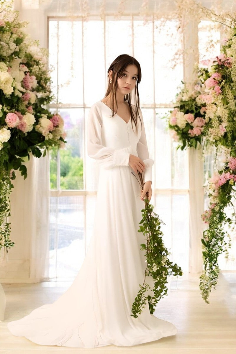 Flowing Chiffon Gown with Delicate V-Neck and Billowy Sleeves
