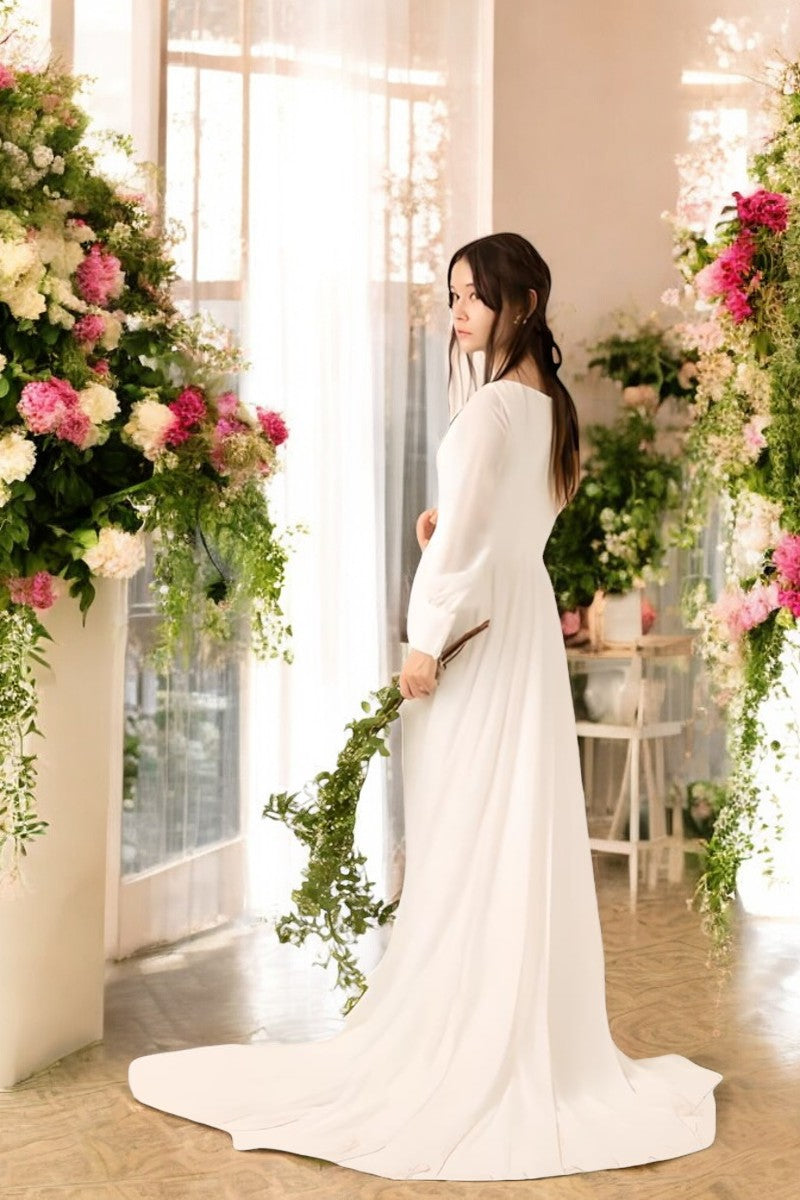 Flowing Chiffon Gown with Delicate V-Neck and Billowy Sleeves